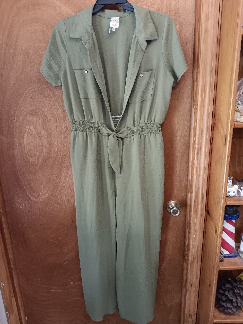 Naif Olive Short-Sleeve Tie-Waist Jumpsuit
